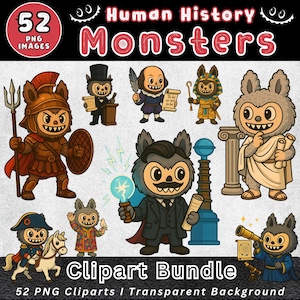 May include: A digital clipart bundle featuring cartoon monster characters dressed as historical figures. The image includes a Roman soldier, a judge, Shakespeare, an Egyptian pharaoh, and others. The text reads "Human History Monsters" and "Clipart Bundle".
