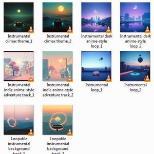 May include: A collection of digital art album covers with anime-style landscapes. Each cover features a unique scene, including cityscapes, sunsets, and surreal environments. Text on each cover indicates the track name and style, such as "Instrumental anime-inspired adventure track_1."