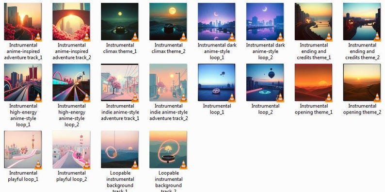 May include: A collection of digital art album covers with anime-style landscapes. Each cover features a unique scene, including cityscapes, sunsets, and surreal environments. Text on each cover indicates the track name and style, such as "Instrumental anime-inspired adventure track_1."