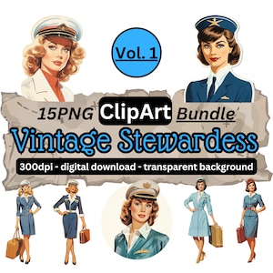 Vintage Stewardess Clipart Bundle Vol.1, Flight Attendant Clip Arts, Air Travel, 15 Transparent PNG Illustrations, Hobby DIY, Digital Download