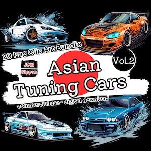 Könnte beinhalten: Ein digitales Download-Paket mit 20 PNG-Clipart-Bildern, die asiatische Tuning-Autos zeigen. Die Autos sind in verschiedenen Farben und Stilen gehalten, darunter ein weißes Auto mit blau-rotem Design, ein blaues Auto mit rot-weißem Design und ein orangefarbenes Auto mit schwarz-gelbem Design. Der Text "20 Png Clip Art Bundle", "JDM Nippon", "Asian Tuning Cars", "Vol.2" und "commercial use - digital download" ist im Bild enthalten.