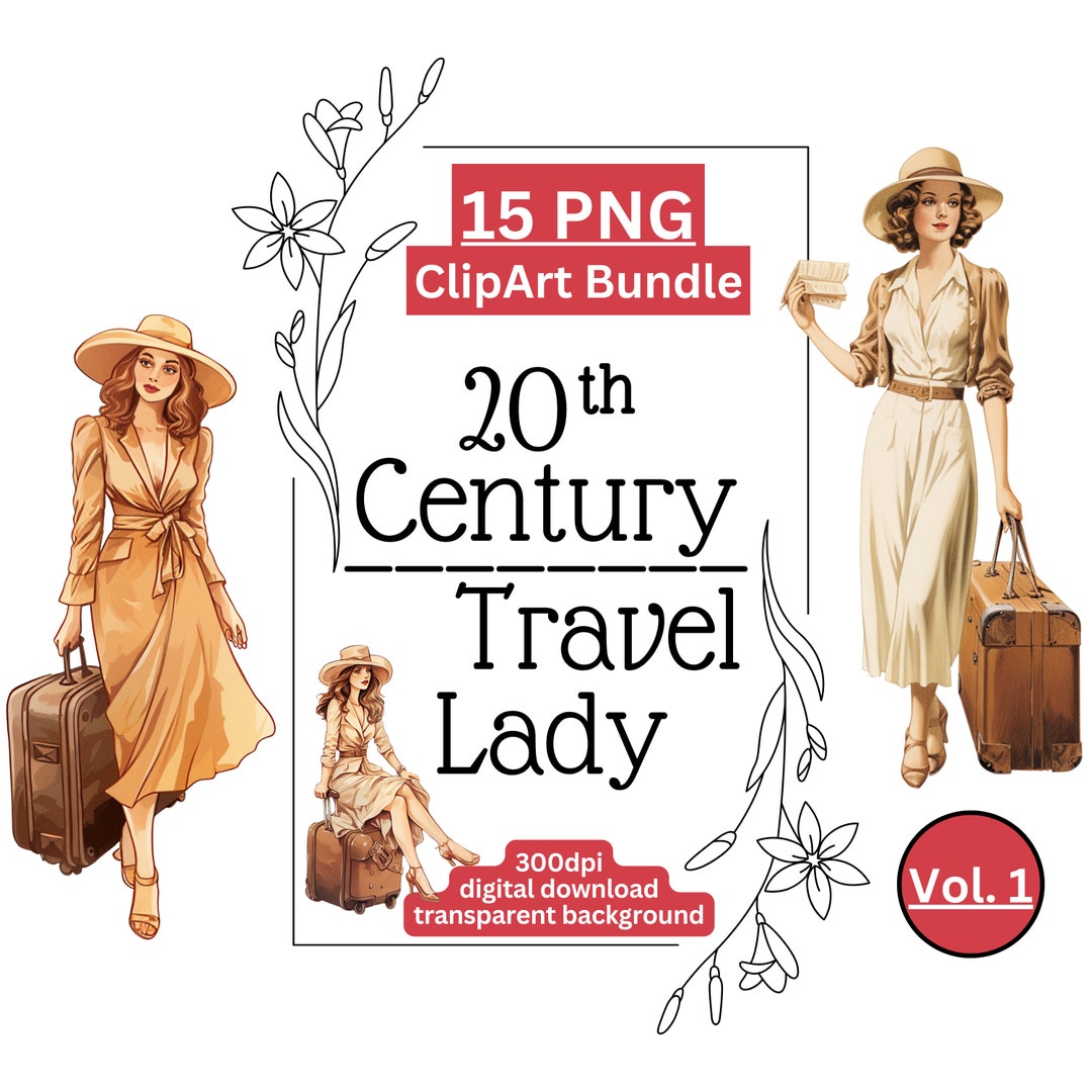 20th Century-travel Lady Clipart Bundle Vol.1, Vintage Travel Ladies Clip Arts, 15 Transparent