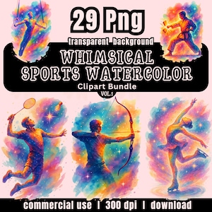 Whimsical Sports Watercolor Clipart Bundle -29 PNG graphics I Magical athletes as watercolor graphics - commercial use I Donwload I DIY