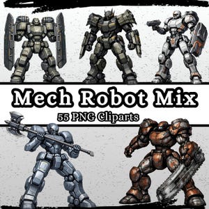 Könnte beinhalten: Digitale Kunst mit sechs detaillierten Mech-Roboter-Illustrationen in verschiedenen Posen. Die Roboter sind in Grau-, Grün- und Brauntönen gehalten und tragen Waffen und Schilde. Der Text lautet "Mech Robot Mix" und "55 PNG Cliparts".
