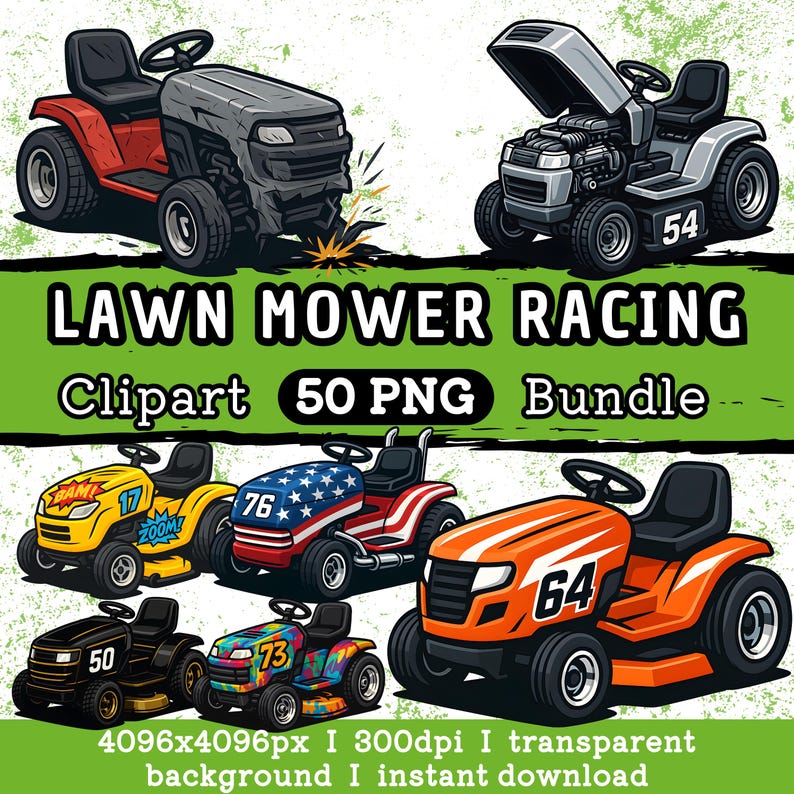 Racing Lawnmower Clipart Bundle – 50 PNG Images | Cool Racing Mower ...