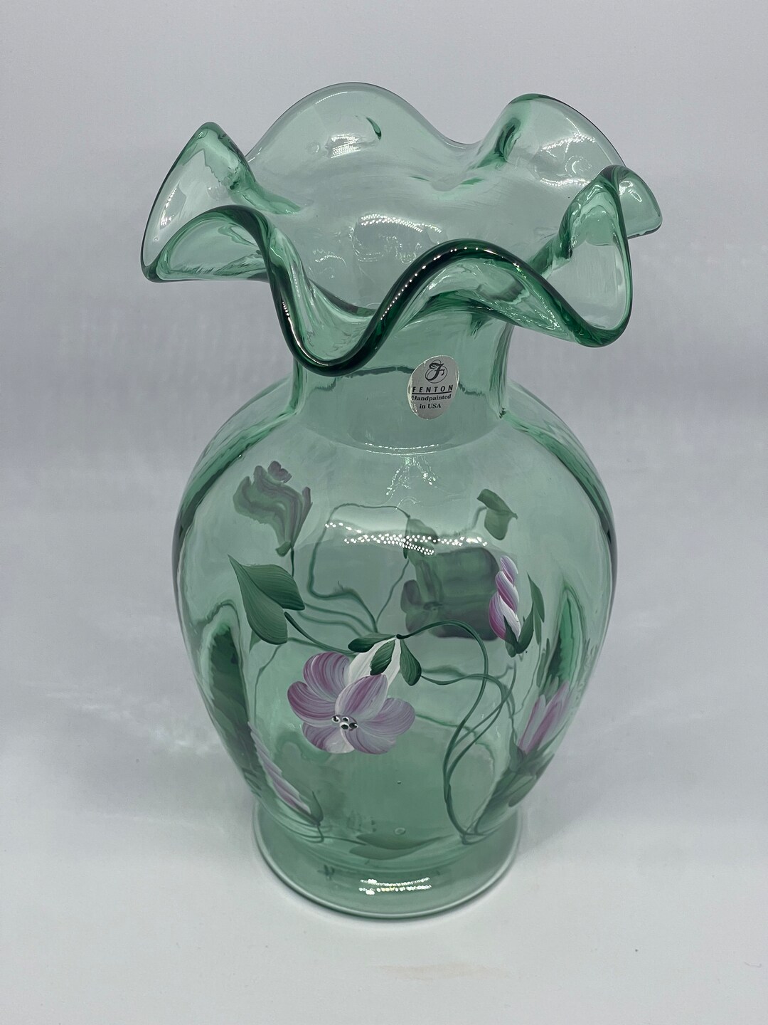 Vintage Fenton Vase Hand Painted Green Glass Ruffled Edge With Etsy