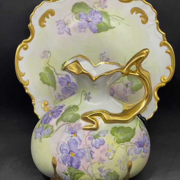 Vintage Hand Painted Violet Floral Round Plate with Pitcher with Gold Trim Signed by Artist