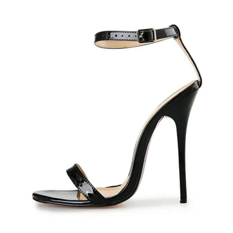 Black patent leather high-heel sandal with a glossy finish, featuring a single toe strap, slim ankle strap with buckle closure, and a tall, slender stiletto heel.