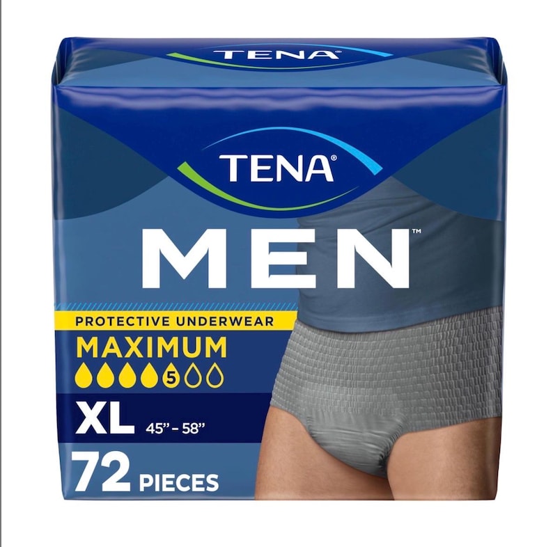 以下が含まれることがあります： TENA MENのXLサイズの保護用下着のパッケージ。ウエストサイズは114-147cmです。パッケージは青色で、白い文字と製品のグラフィックが描かれています。72個入りです。