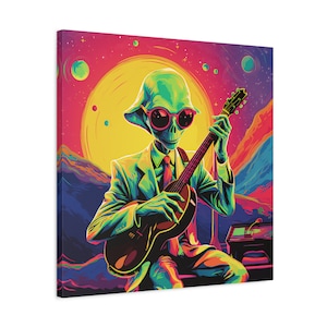 Obras de arte alienígenas, impresión de lienzo alienígena, arte musical alienígena, arte pop extraterrestre, arte pop colorido, ET, guitarra alienígena