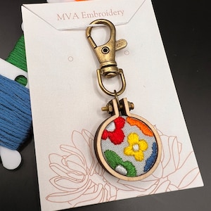 Hand Embroidered Rainbow Groovy Flowers Keychain