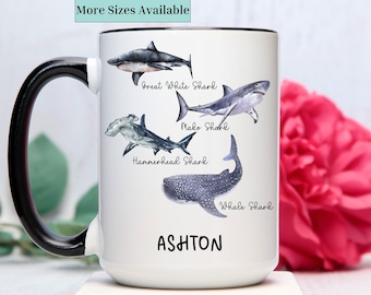 Personalized shark mug,Custom name sharks coffee cup,sharks lover gifts,Shark cup, different types of sharks mug,Christmas gift,gift for him