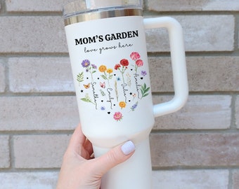 Custom mom garden 40 oz tumbler, birth flower tumbler with kid names, mother&#39;s day gift,mama gift,gift from kids,new mom gift, mom tumbler