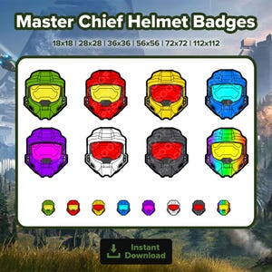 Könnte beinhalten: Eine Sammlung von Master Chief Helm-Abzeichen in verschiedenen Farben, darunter Grün, Rot, Gelb und Blau. Das Bild zeigt mehrere Größen, mit dem Text "Master Chief Helmet Badges" und "Instant Download".