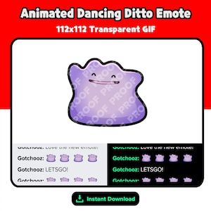 Könnte beinhalten: Ein lila Ditto-Emote mit einem lächelnden Gesicht. Das Bild enthält den Text "Animated Dancing Ditto Emote" und "112x112 Transparent GIF". Das Bild enthält auch den Text "Instant Download".