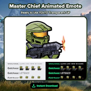 May include: Animated Master Chief emote, ready to use as a 112x112 transparent GIF. The image features a green-armored character holding a weapon, with text that says "Gotchooz: LETSGO!" and "Instant Download".