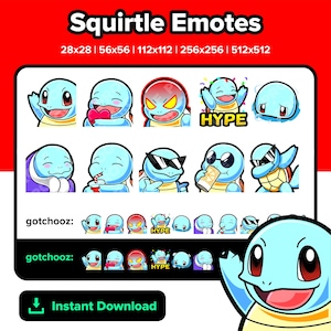 Może przedstawiać: Zestaw emotikonów Squirtle w różnych pozach i wyrażeniach, w tym Squirtle w okularach przeciwsłonecznych, Squirtle z sercem, Squirtle z napojem i Squirtle z napisem "HYPE" nad nim. Emotikony są dostępne w różnych rozmiarach, od 28x28 do 512x512 pikseli.