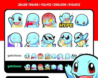 Emotes de Squirtle para Twitch, Emotes de YouTube, Emotes de Discord, Emotes de patada, Stickers de TikTok, Emotes de Rumble para streaming, Emotes de Pokémon, P2U