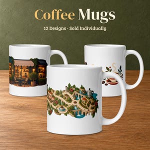 Puede incluir: Tres tazas de café de cerámica blanca con ilustraciones distintas. Una muestra la fachada de un café, otra un paisaje sinuoso con puentes y una cafetera, y la tercera una taza con hojas. Texto Coffee Mugs 12 Designs Sold Individually.