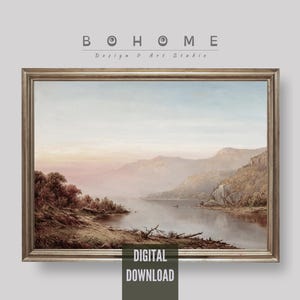 Vintage Hudson River Oil Painting: Farmhouse Landscape Art (Digital Download)