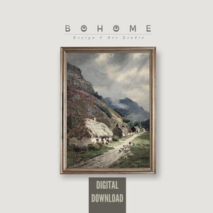 Vintage Mountain Village Painting: Farmhouse Wall Art (Digital Download)