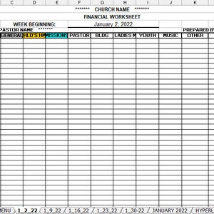 May include: A black and white spreadsheet with the title "Church Name Financial Worksheet" and the date "January 2, 2022". The spreadsheet is divided into columns with headings such as "Pastor Name", "Tithe", "General", "Hld's Home", "Missions", "Pastor", "Blog", "Ladies", "M", "Youth", "Music", "Other", "Total", "Env. Funds", "Checks", and "Amount £".