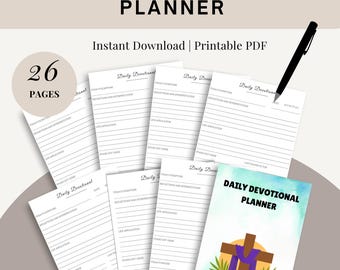 May include: A Daily Devotional Planner with 26 pages, featuring a watercolor cross design. The planner includes sections for scripture, reflections, and application. The text "Daily Devotional Planner" is displayed prominently.