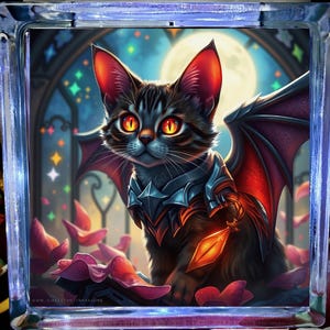 May include: A black cat with orange eyes and a red and black devil's wings, wearing a silver and black armor, holding a glowing orange dagger. The cat is in front of a stained glass window with colorful lights.