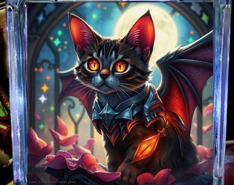 Bloc de verre lumineux Midnight the Demon Cat – Lampe chat gothique fantastique, veilleuse LED, cadeau unique pour les amoureux des chats et les fans d'esthétique sombre