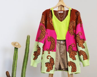 TIGER COLORBLOCK CARDIGAN / Wild Fierce Tiger Pattern Jacquard Colorblock Cardigan