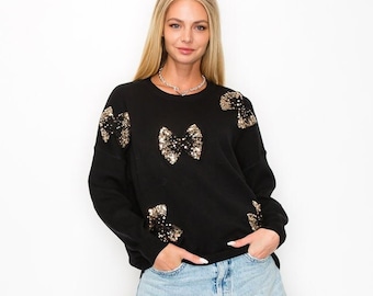SEQUINS BOW SWEATER / Sequins Bow Embellished Crewneck Sweater
