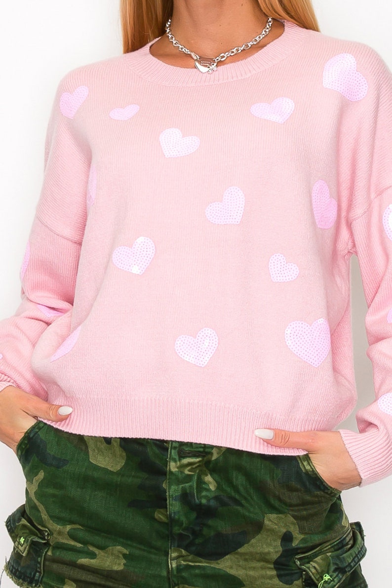 SEQUINS HEART SWEATER / Heart Embellished Crewneck Sweater image 6