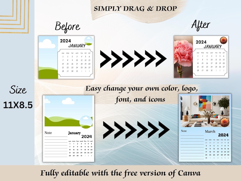 Custom Canva Frames, Custom 2024 Calendar, 2024 Calendar Canva Template