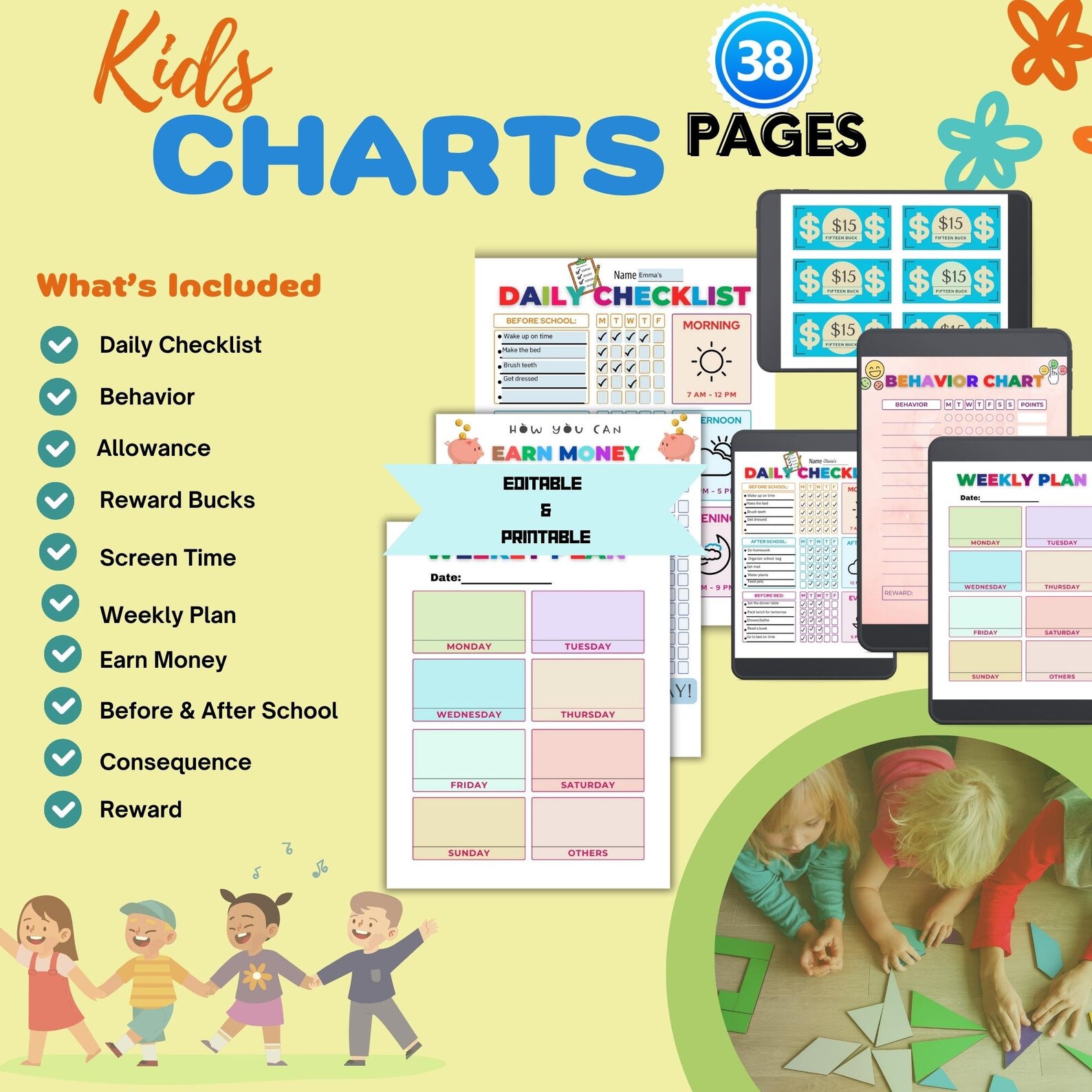 Editable Chore Chart for Kids, Printable Kids Routine Chart Printable ...