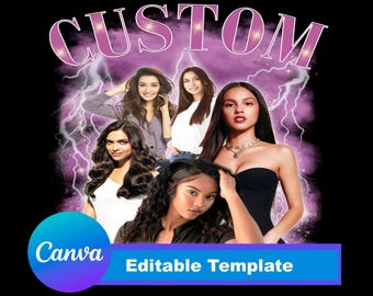 Può includere: Un design grafico digitale che presenta la parola CUSTOM in lettere bianche contornate sopra cinque persone su uno sfondo di fulmini viola. Un badge circolare blu nell'angolo in basso a sinistra mostra il testo Canva Editable Template.