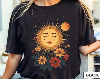 Boho Sun and Moon Shirt: Celestial Floral Graphic Tee
