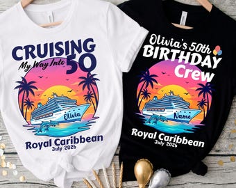 Camiseta personalizada para crucero de 50 cumpleaños, camiseta personalizada "Cruising Into 50", camiseta a juego para el equipo familiar del crucero, regalo retro para vacaciones en barco al atardecer