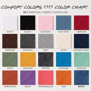 The image is a color chart displaying 20 essential fabric swatches in various colors, including white, black, pink, blue, red, and more.