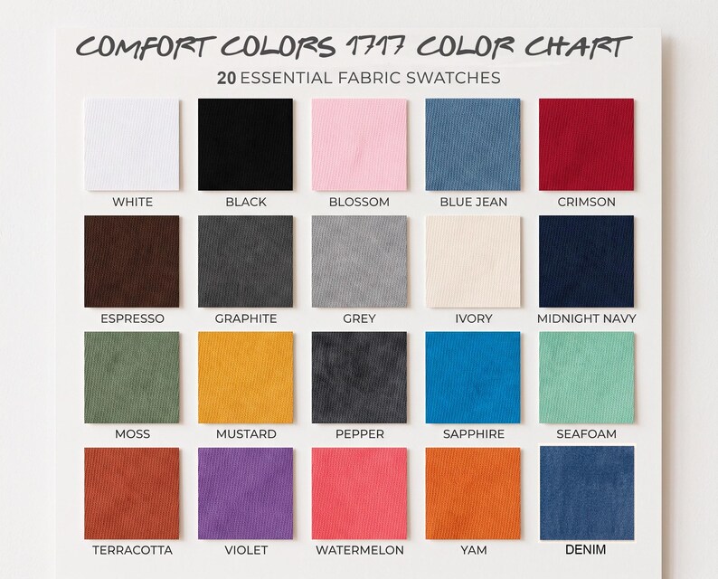 The image is a color chart displaying 20 essential fabric swatches in various colors, including white, black, pink, blue, red, and more.
