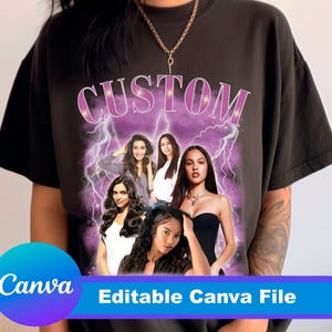 May include: A black short-sleeve t-shirt featuring a graphic print with the word CUSTOM in purple letters at the top. The design includes a purple lightning background and a collage of five different women. The shirt has a crew neckline.