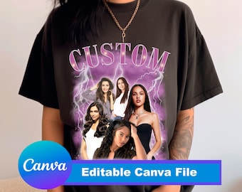 May include: A black short-sleeve t-shirt featuring a graphic print with the word CUSTOM in purple letters at the top. The design includes a purple lightning background and a collage of five different women. The shirt has a crew neckline.