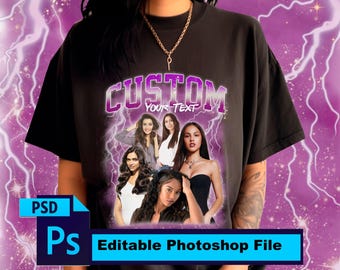 May include: A black t-shirt featuring a graphic print with the word CUSTOM in purple block letters above the text YOUR TEXT. The design includes a collage of five individuals surrounded by purple lightning bolts and a star-filled background.