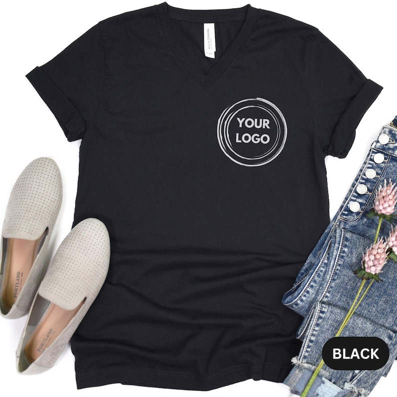 Business Logo V-Neck Shirt, Custom Text Company Tees, Your Slogan T-shirt zdjęcie 2