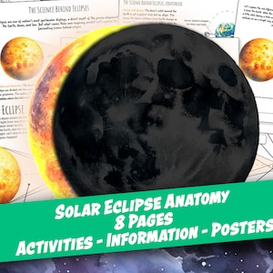 May include: A colorful illustration of a solar eclipse with the sun, moon, and earth. The text "Solar Eclipse Anatomy" is in a green banner at the bottom of the image. The text "8 Pages" is in a white banner below the green banner. The text "Activities - Information - Posters" is in a white banner below the "8 Pages" banner.