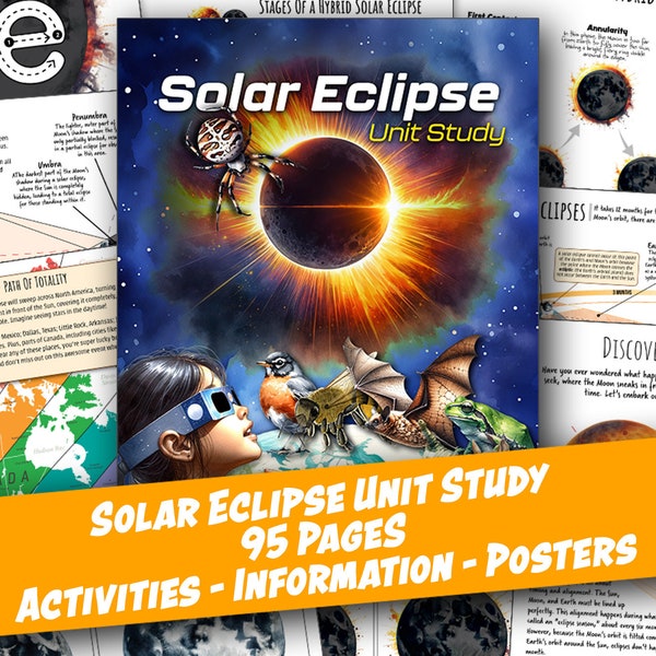 SOLAR ECLIPSE Unit Study, Printables, Eclipse Stages, Posters, Eclipse Animals, Science, Worksheets, Homeschool, Montessori, Download