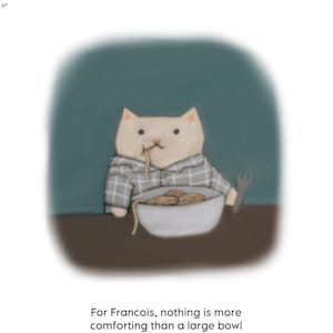 Puede incluir: Un gato blanco con una camisa a cuadros está sentado en una mesa comiendo un tazón de pasta. El gato está sosteniendo un tenedor en su pata derecha. El texto debajo de la imagen dice: "Para Francois, no hay nada más reconfortante que un gran tazón de pasta. Excepto quizás un segundo tazón de pasta."