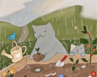 May include: Two gray cats are gardening in a brown planter. One cat is holding a small plant and the other is looking at the camera. There is a blue bird, a watering can, and a red trowel in the planter. The background is a green field with rain falling.