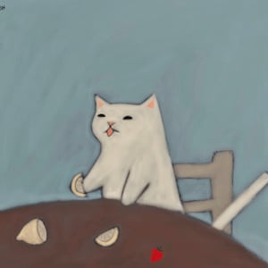 Op de afbeelding: Een witte kat met zijn tong naar buiten stekend zit aan een bruine tafel met een citroenwig in zijn poot. Er liggen nog twee citroenwiggen en een rode aardbei op de tafel.