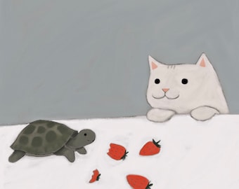 May include: A white cat with a surprised expression looks at a small turtle and red strawberries on a white surface.