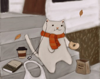 May include: An illustration of a white cat wearing a red and orange scarf and listening to music with headphones. The cat is holding a donut. There is a coffee cup, a book, a tote bag, and a paper bag on the steps.